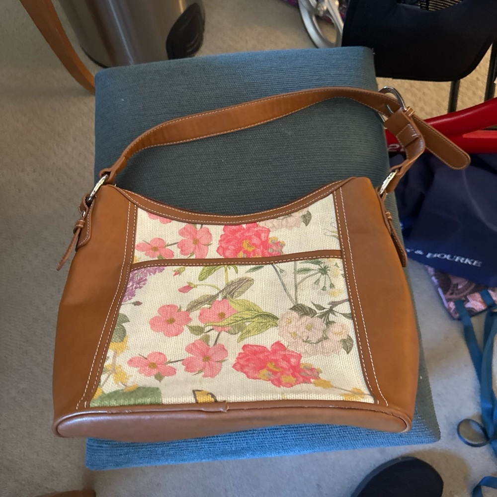 Giannibirini Womans Purse Brown leather trim pink rose and butterfly canvas
